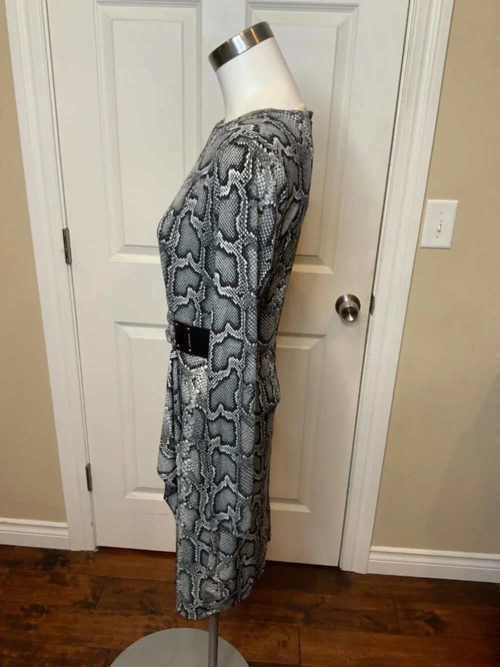 Michael Kors Black & White Snakeskin Print Faux Wrap Buckle Dress, Size S